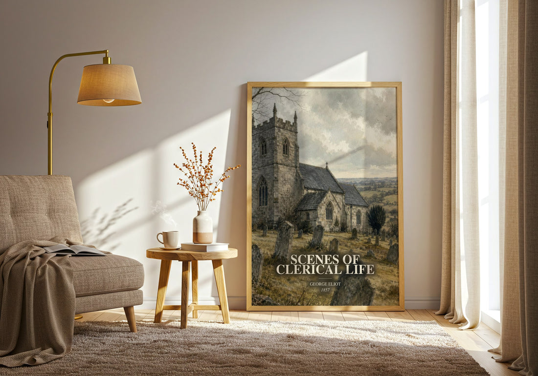 Scenes Of Clerical Life watercolour print in frame leaning in hallway – classic literature wall art (mockup)