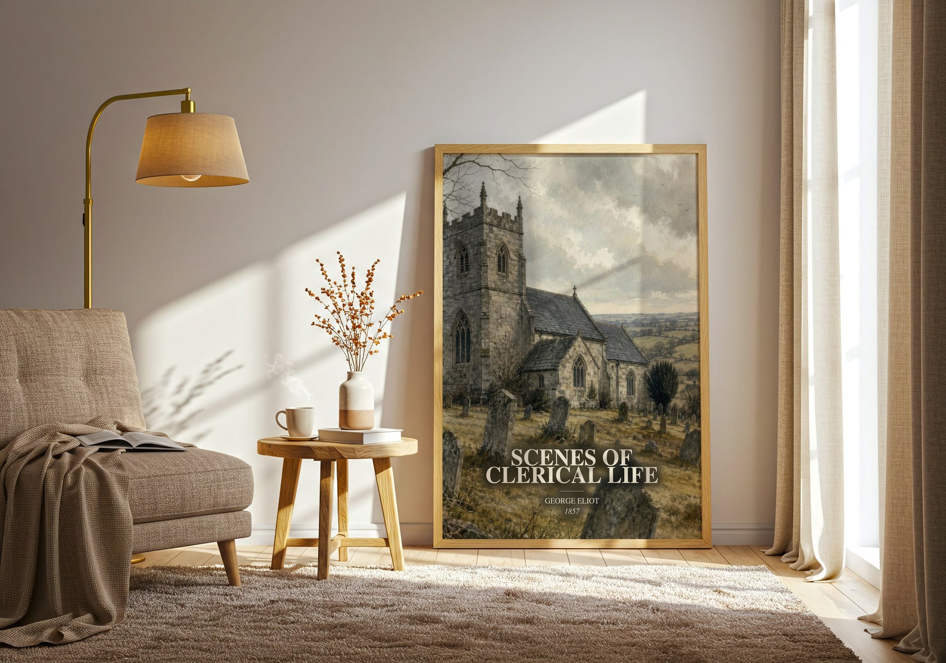 Scenes Of Clerical Life watercolour print in frame leaning in hallway – classic literature wall art