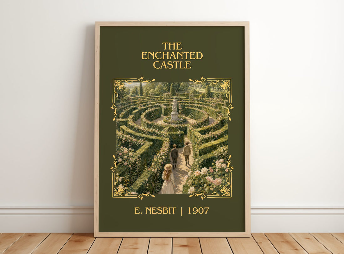 The Enchanted Castle Classic Book Art Print by E. Nesbit – framed print leaning on a wooden floor