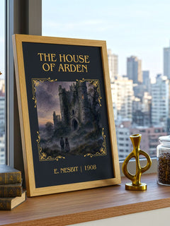 The House Of Arden Classic Book Art Print by E. Nesbit – framed print on a city-view windowsill