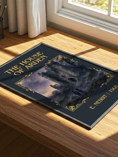 The House Of Arden Classic Book Art Print by E. Nesbit – print on a sunlit desk