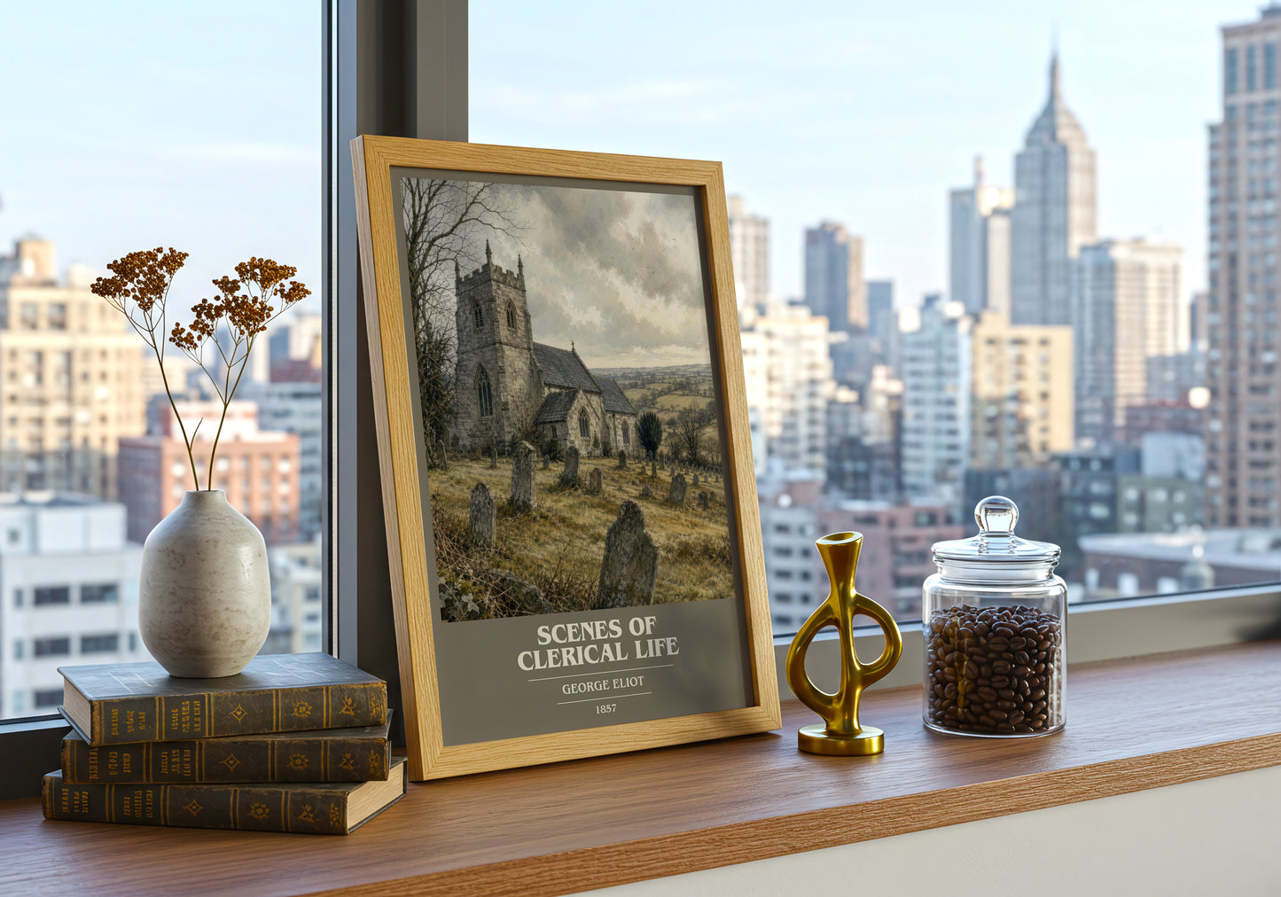Scenes Of Clerical Life book cover print framed by window – literary home decor