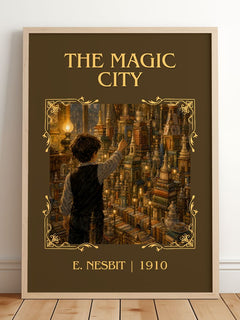 The Magic City Classic Book Art Print by E. Nesbit – framed print leaning on a wooden floor