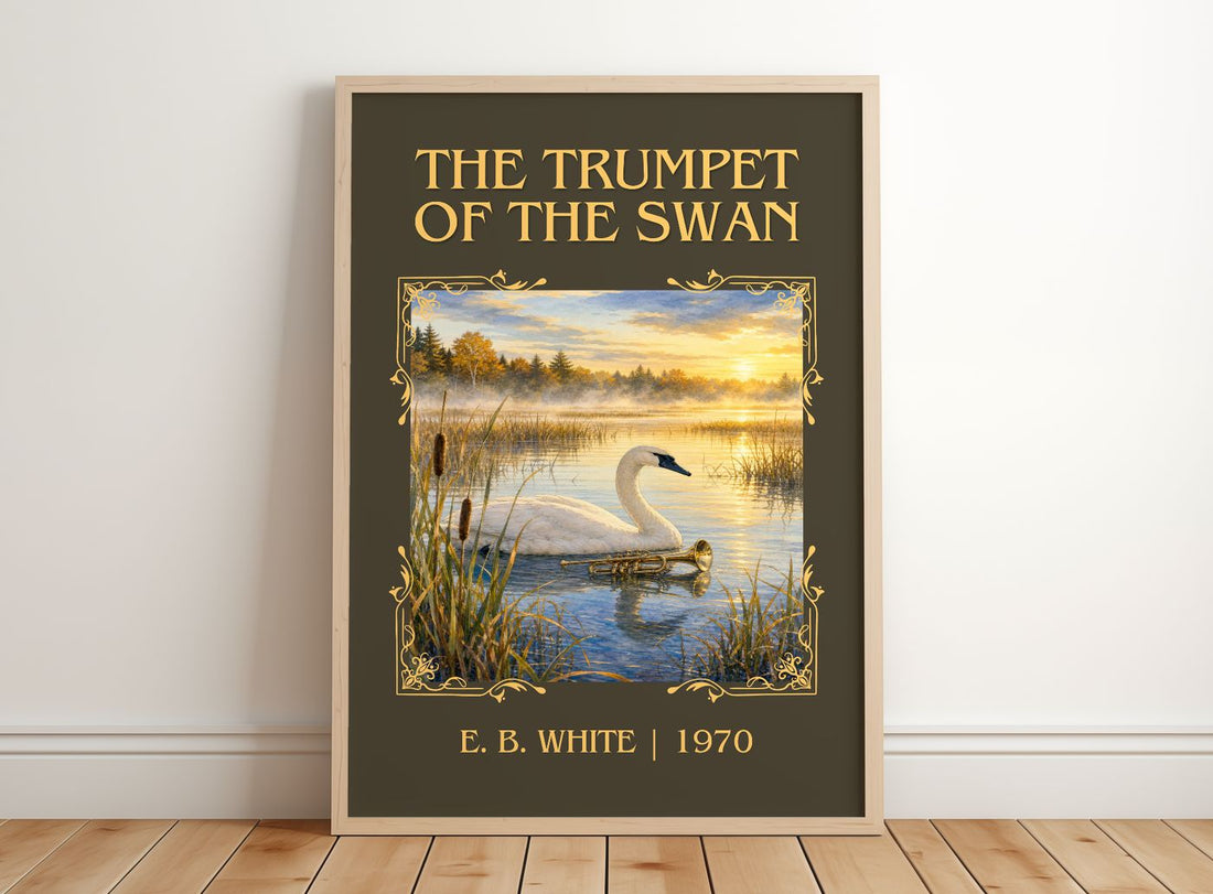 The Trumpet Of The Swan Classic Book Art Print by E. B. White – framed print leaning on a wooden floor