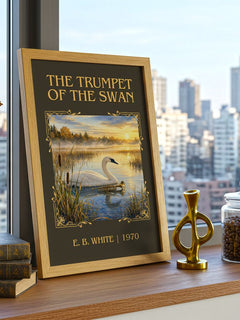 The Trumpet Of The Swan Classic Book Art Print by E. B. White – framed print on a city-view windowsill