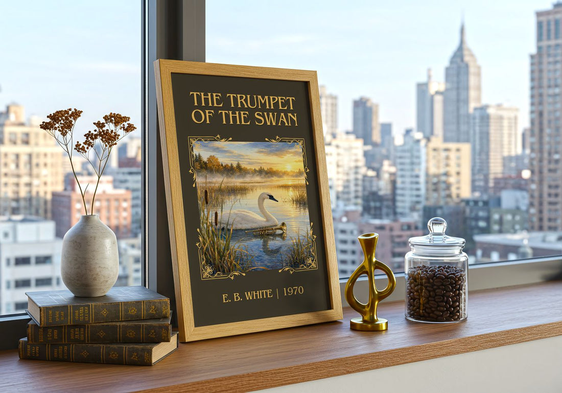 The Trumpet Of The Swan Classic Book Art Print by E. B. White – framed print on a city-view windowsill
