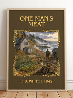 One Man'S Meat Classic Book Art Print by E. B. White – framed print leaning on a wooden floor
