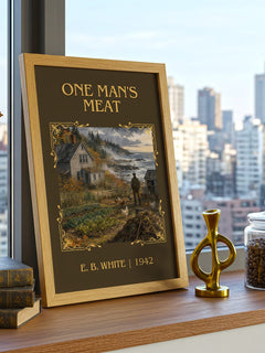 One Man'S Meat Classic Book Art Print by E. B. White – framed print on a city-view windowsill