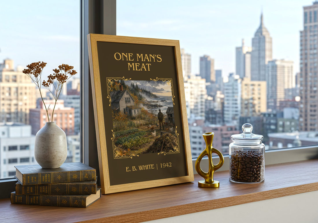 One Man'S Meat Classic Book Art Print by E. B. White – framed print on a city-view windowsill
