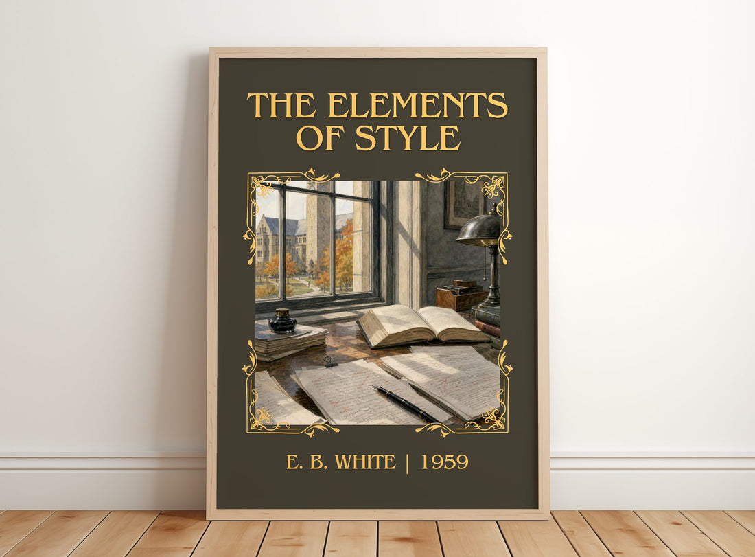 The Elements Of Style Classic Book Art Print by E. B. White – framed print leaning on a wooden floor