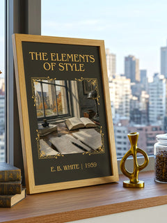 The Elements Of Style Classic Book Art Print by E. B. White – framed print on a city-view windowsill