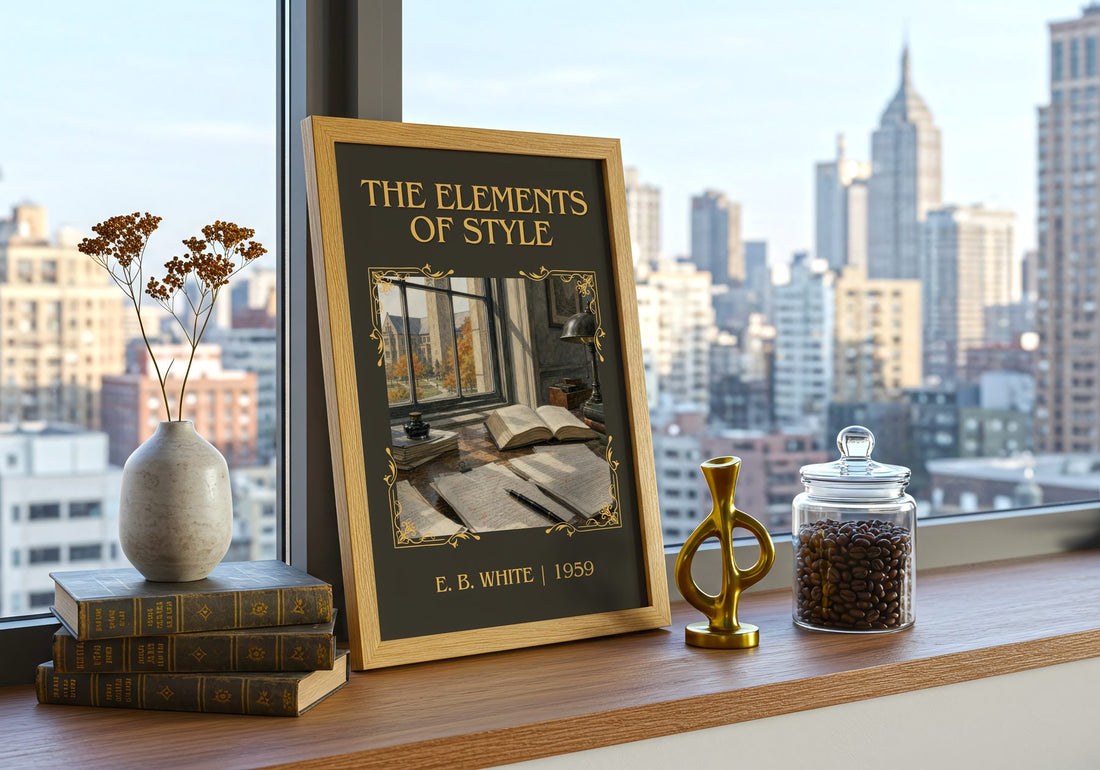 The Elements Of Style Classic Book Art Print by E. B. White – framed print on a city-view windowsill