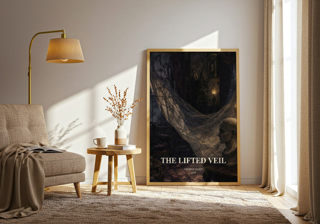The Lifted Veil watercolour print in frame leaning in hallway – gothic wall art (mockup)