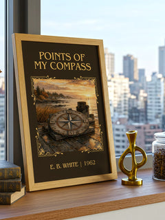 Points Of My Compass Classic Book Art Print by E. B. White – framed print on a city-view windowsill