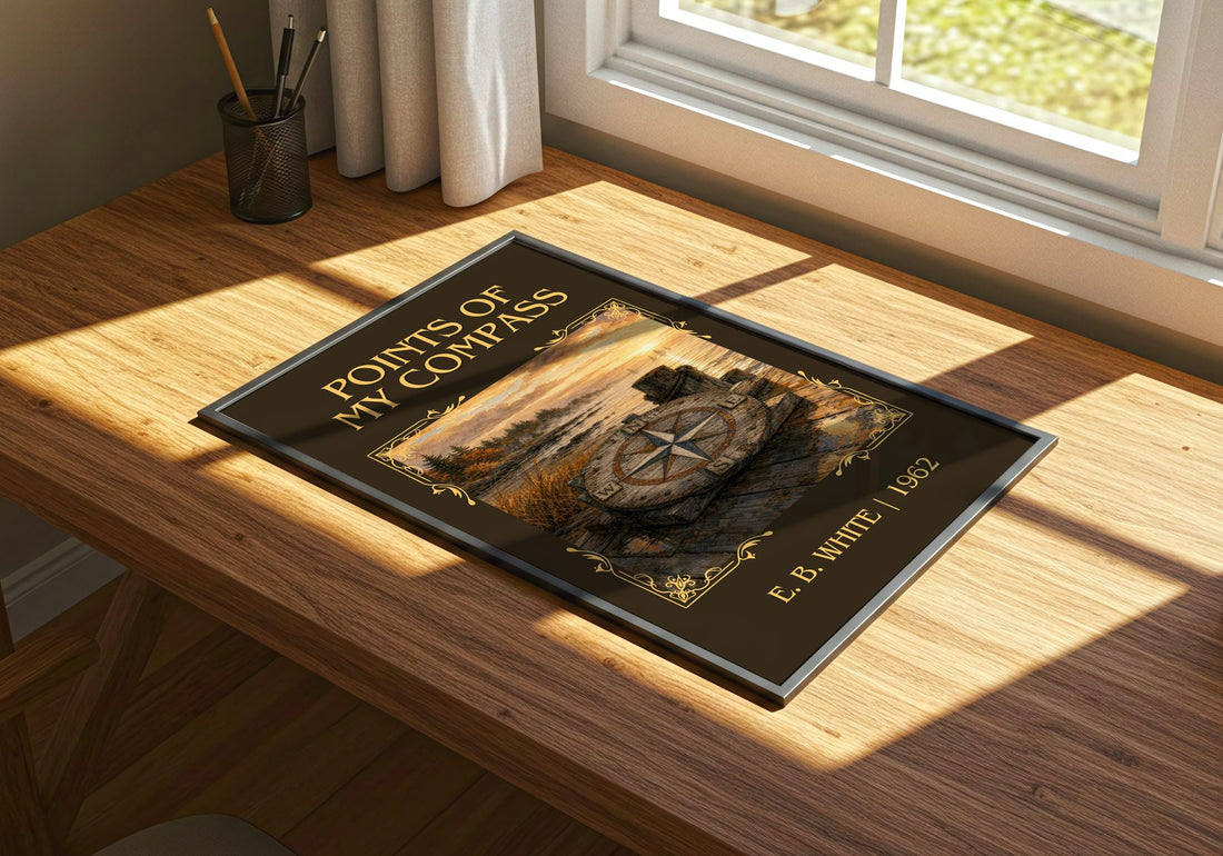 Points Of My Compass Classic Book Art Print by E. B. White – print on a sunlit desk