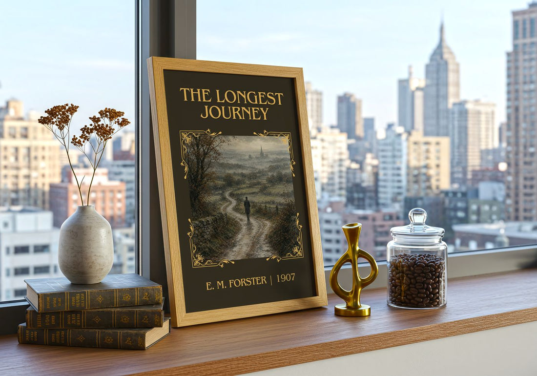 The Longest Journey Classic Book Art Print by E. M. Forster – framed print on a city-view windowsill