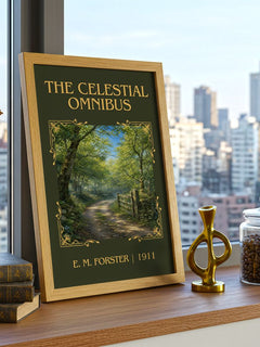 The Celestial Omnibus Classic Book Art Print by E. M. Forster – framed print on a city-view windowsill