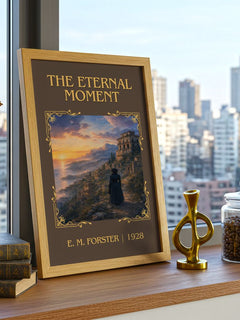 The Eternal Moment Classic Book Art Print by E. M. Forster – framed print on a city-view windowsill