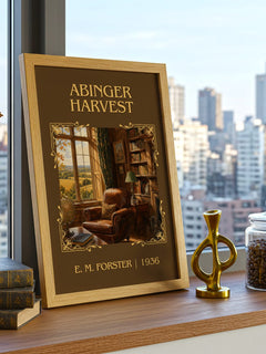 Abinger Harvest Classic Book Art Print by E. M. Forster – framed print on a city-view windowsill
