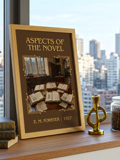 Aspects Of The Novel Classic Book Art Print by E. M. Forster – framed print on a city-view windowsill