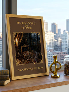 Mademoiselle De Scudéri Classic Book Art Print by E.T.A. Hoffmann – framed print on a city-view windowsill