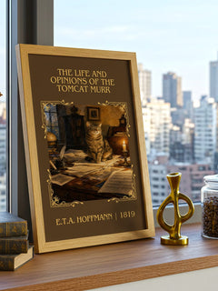 Life And Opinions Of The Tomcat Murr Classic Book Art Print – framed print on a city-view windowsill