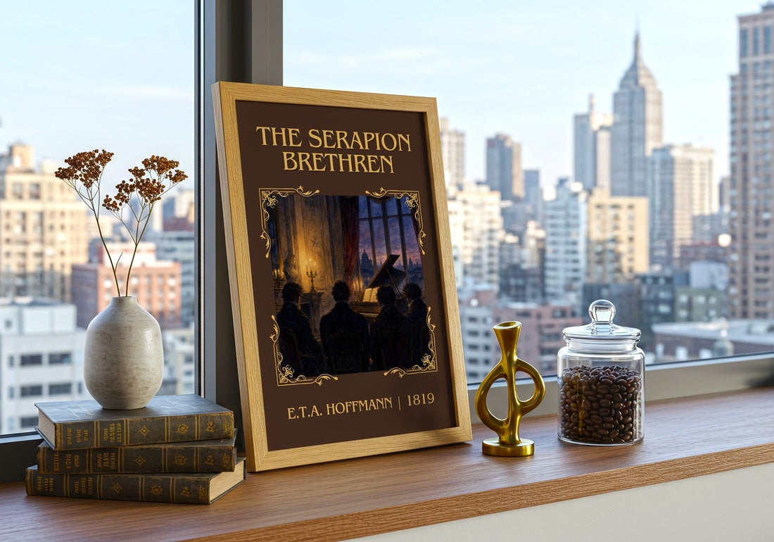 The Serapion Brethren Classic Book Art Print by E.T.A. Hoffmann – framed print on a city-view windowsill