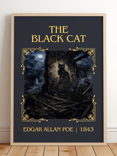 The Black Cat Classic Book Art Print by Edgar Allan Poe – framed print leaning on a wooden floor