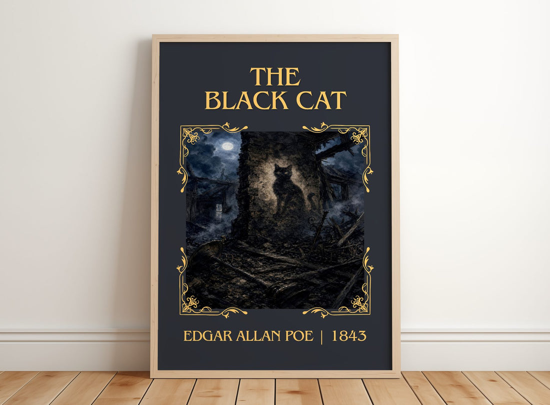 The Black Cat Classic Book Art Print by Edgar Allan Poe – framed print leaning on a wooden floor