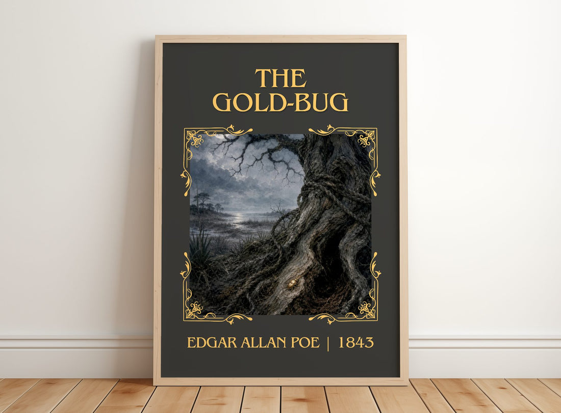The Gold-Bug Classic Book Art Print by Edgar Allan Poe – framed print leaning on a wooden floor