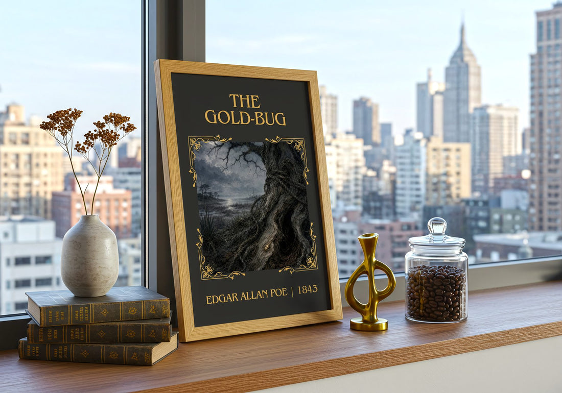 The Gold-Bug Classic Book Art Print by Edgar Allan Poe – framed print on a city-view windowsill