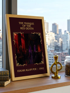The Masque Of The Red Death Classic Book Art Print by Edgar Allan Poe – framed print on a city-view windowsill