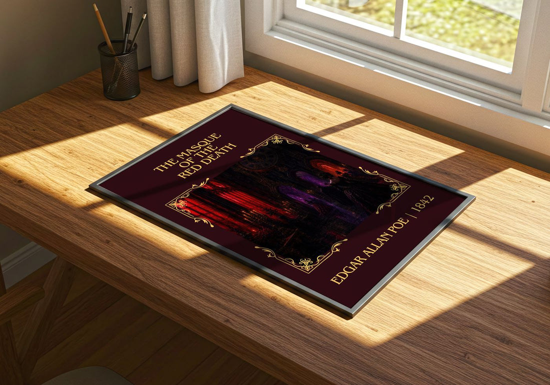 The Masque Of The Red Death Classic Book Art Print by Edgar Allan Poe – print on a sunlit desk