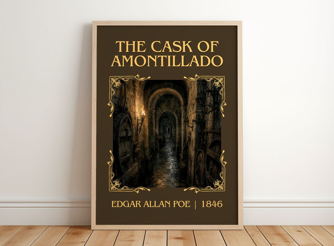 The Cask Of Amontillado Classic Book Art Print by Edgar Allan Poe – framed print leaning on a wooden floor
