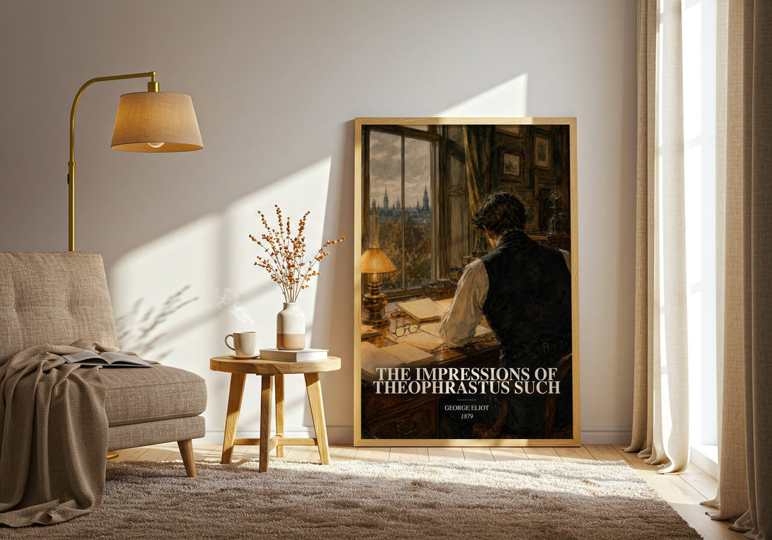 The Impressions Of Theophrastus Such watercolour print in frame leaning in hallway – satire wall art (mockup)