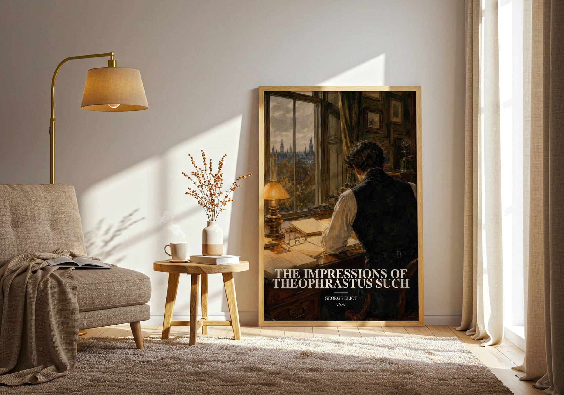 The Impressions Of Theophrastus Such watercolour print in frame leaning in hallway – satire wall art