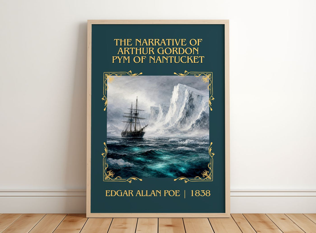 Narrative Of Arthur Gordon Pym Of Nantucket Classic Book Art Print – – framed print leaning on a wooden floor