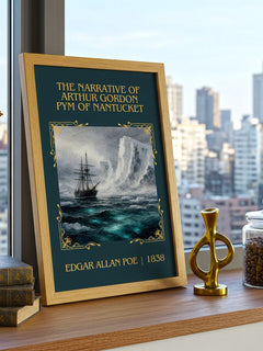 Narrative Of Arthur Gordon Pym Of Nantucket Classic Book Art Print – – framed print on a city-view windowsill