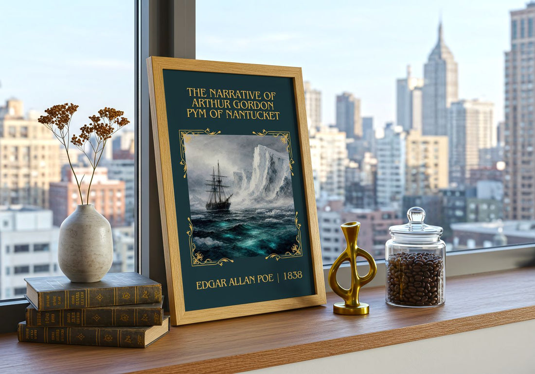 Narrative Of Arthur Gordon Pym Of Nantucket Classic Book Art Print – – framed print on a city-view windowsill