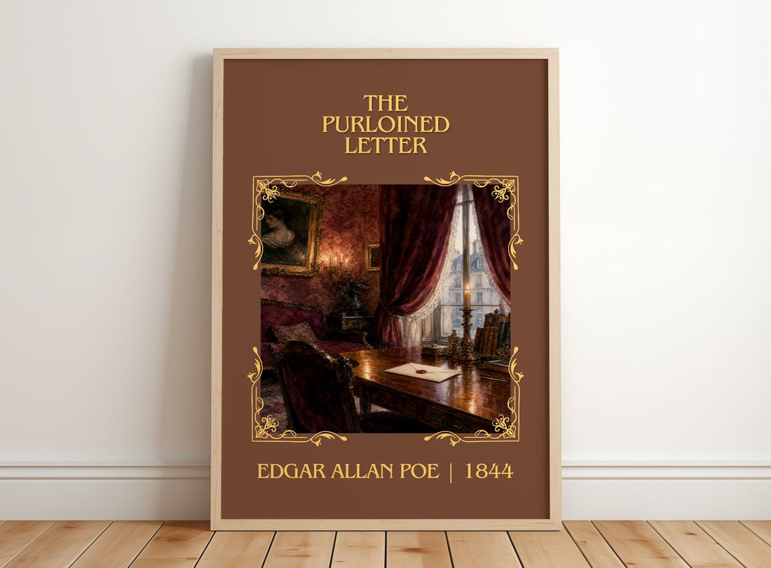 The Purloined Letter Classic Book Art Print by Edgar Allan Poe – framed print leaning on a wooden floor