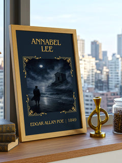 Annabel Lee Classic Book Art Print by Edgar Allan Poe – framed print on a city-view windowsill