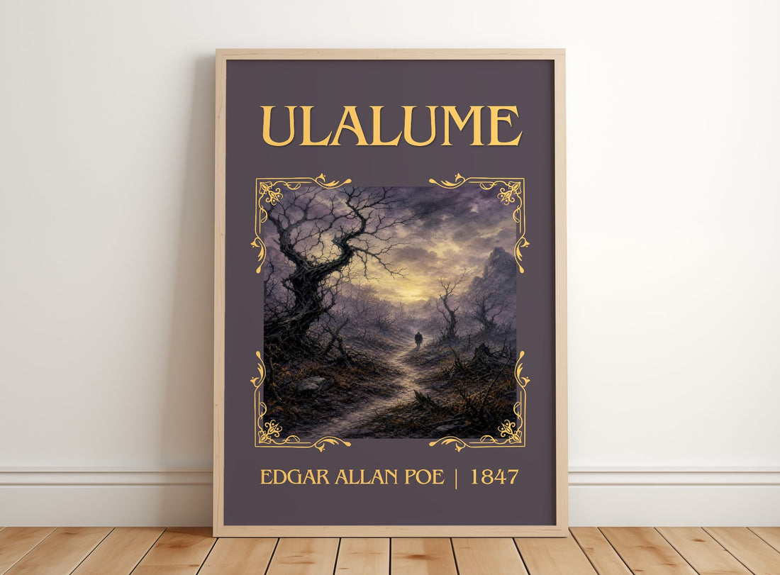 Ulalume Classic Book Art Print by Edgar Allan Poe – framed print leaning on a wooden floor