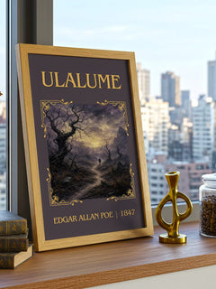 Ulalume Classic Book Art Print by Edgar Allan Poe – framed print on a city-view windowsill