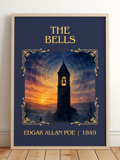 The Bells Classic Book Art Print by Edgar Allan Poe – framed print leaning on a wooden floor