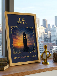 The Bells Classic Book Art Print by Edgar Allan Poe – framed print on a city-view windowsill