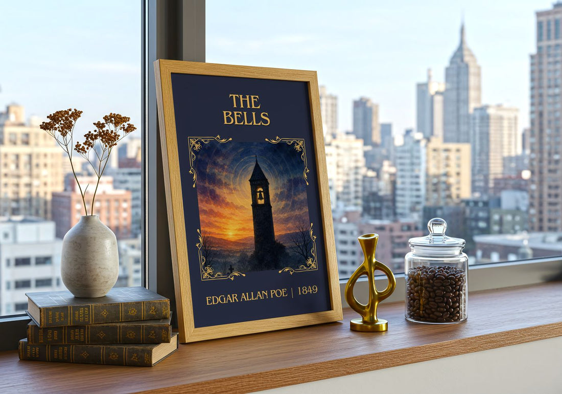 The Bells Classic Book Art Print by Edgar Allan Poe – framed print on a city-view windowsill