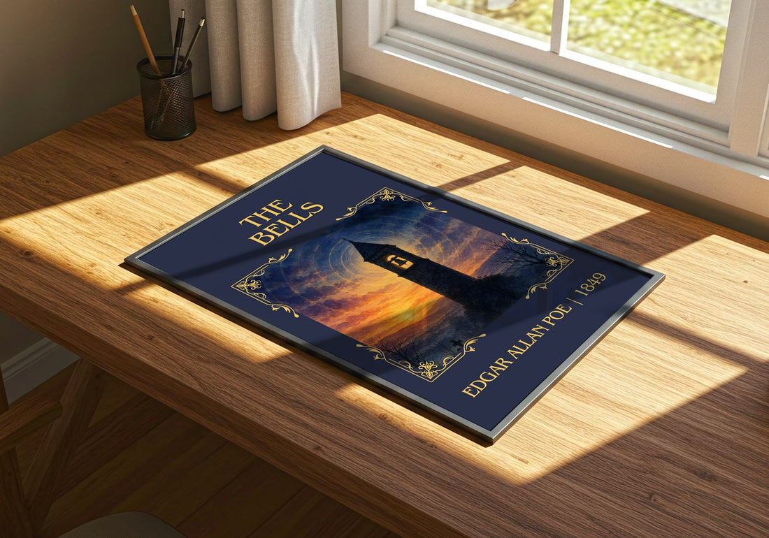 The Bells Classic Book Art Print by Edgar Allan Poe – print on a sunlit desk