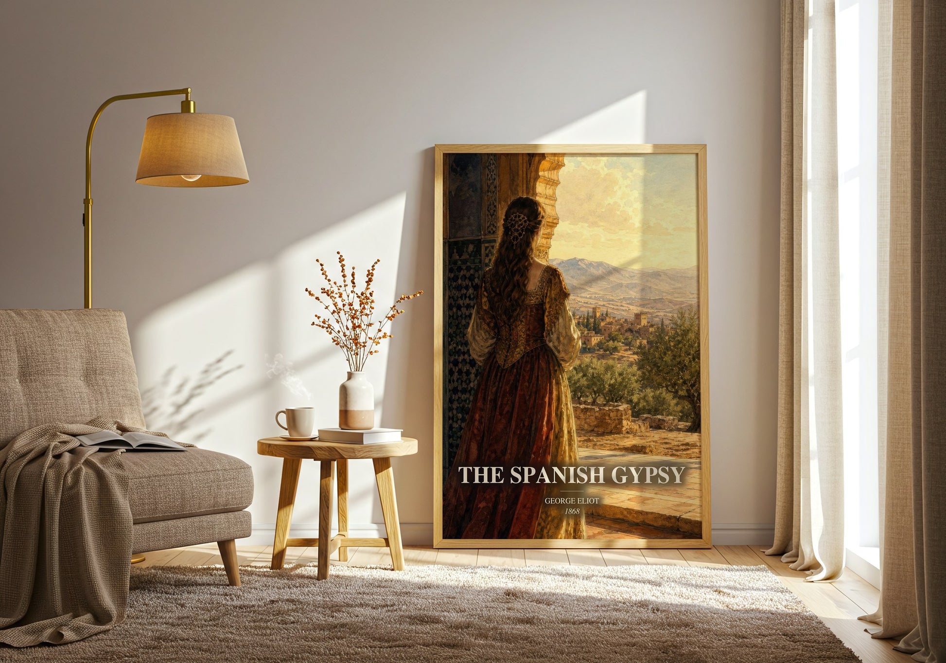 The Spanish Gypsy watercolour print in frame leaning in hallway – poetry wall art