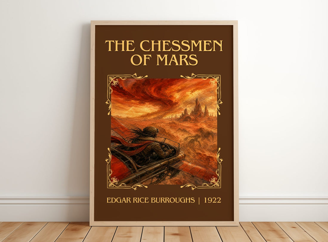 The Chessmen Of Mars Classic Book Art Print by Edgar Rice Burroughs – framed print leaning on a wooden floor