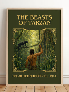 The Beasts Of Tarzan Classic Book Art Print by Edgar Rice Burroughs – framed print leaning on a wooden floor